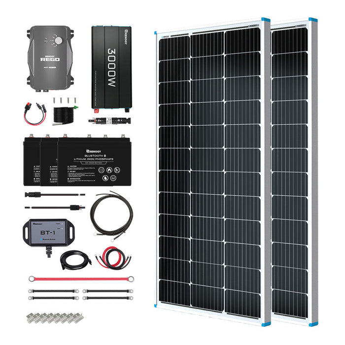 Buy Renogy 640W 24V General Off-Grid Solar Kit W/ 2*320W Rigid Panels (Customizable) (Rover 60A MPPT W/ LCD & BT2 Module, 3*12V 100Ah Self-Heating LiFePO4 Battery W/ BT2 Module And 3000W 12V Pure Sine Wave Inverter Charger)