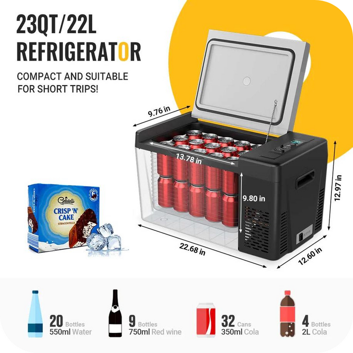 Buy BougeRV 12V 23 Quart (22L) Portable Fridge For Travel Black | E0401-02204 (With Refrigerator Cover And With Portable Power Station for Fridge)