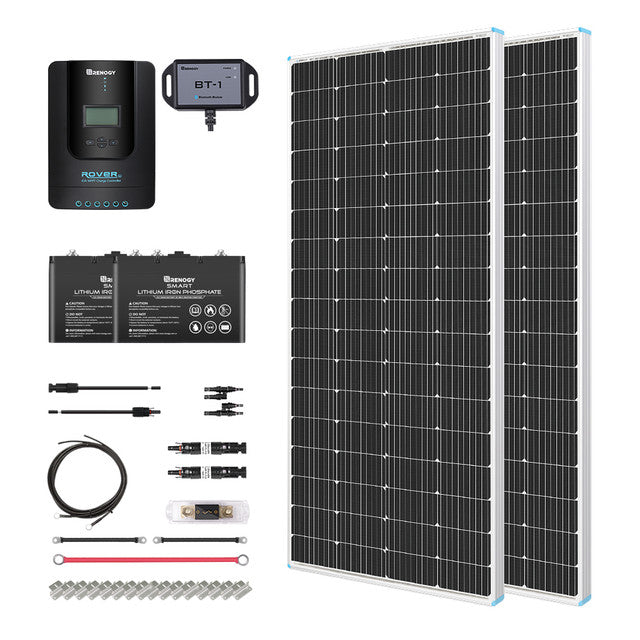 Buy Renogy 400W 12V General Off-Grid Solar Kit W/ 2*200W Rigid Panels (Customizable) (Rover 40A MPPT W/ LCD & BT1 Module, 2*12V 100Ah Self-Heating LiFePO4 Battery W/ BT2 Module And 2000W 12V Pure Sine Wave Inverter)