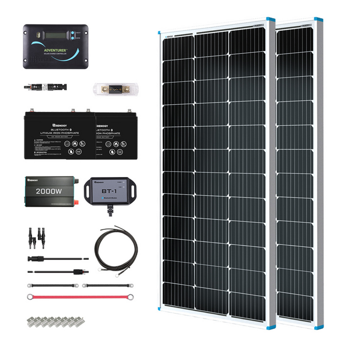 Buy Renogy 200W 12V General Off-Grid Solar Kit W/ 2*100W Rigid Panels (Customizable) (Adventurer Li-30A PWM W/LCD & BT1 Module, 2*12V 100Ah Self-Heating LiFePO4 Battery W/ BT2 Module And 1000W 12V Pure Sine Wave Inverter)
