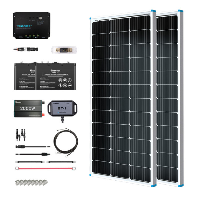 Buy Renogy 200W 12V General Off-Grid Solar Kit W/ 2*100W Rigid Panels (Customizable) (Voyager 20A PWM Waterproof Charge Controller, 2*12V 100Ah Self-Heating LiFePO4 Battery W/ BT2 Module And 1000W 12V Pure Sine Wave Inverter)