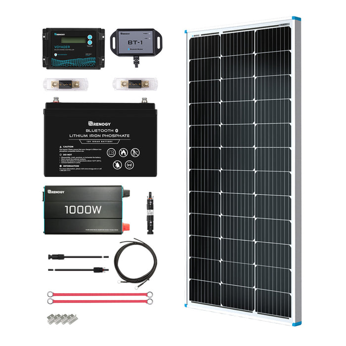 Buy Renogy 100W 12V General Off-Grid Solar Kit W/ 1*100W Rigid Panels (Customizable) (Voyager 10A PWM Waterproof Charge Controller, 12V 100Ah Self-Heating LiFePO4 Battery W/ BT2 Module And 1000W 12V Pure Sine Wave Inverter)
