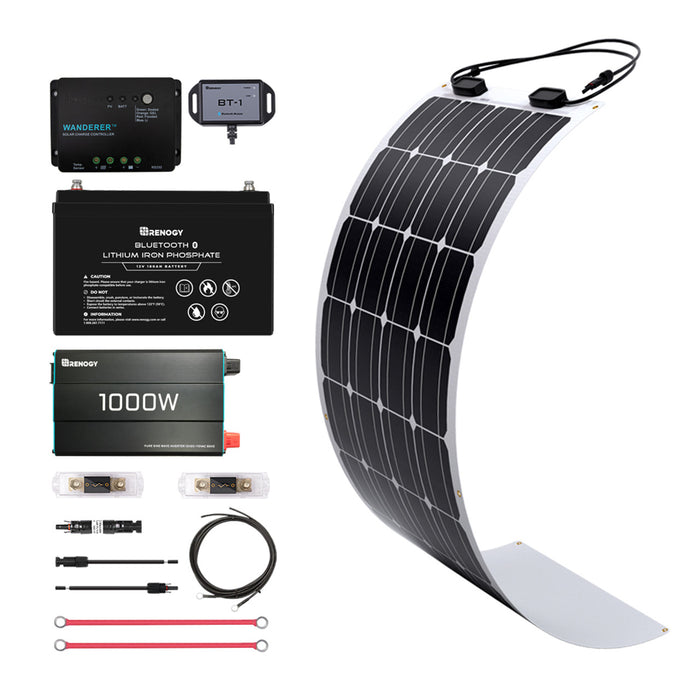Buy Renogy 100W 12V General Off-Grid Solar Kit W/ 1*100W Flexible Panels (Customizable) (Wanderer LI 30A PWM W/ LCD & BT1 Module, 12V 100Ah Self-Heating LiFePO4 Battery W/ BT2 Module And 1000W 12V Pure Sine Wave Inverter)