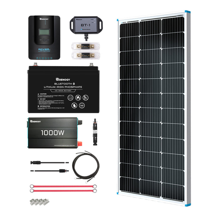 Buy Renogy 100W 12V General Off-Grid Solar Kit W/ 1*100W Rigid Panels (Customizable) (Rover 20A MPPT W/ LCD & BT1 Module, 12V 100Ah LiFePO4 Battery W/ Built-In Bluetooth And 1000W 12V Pure Sine Wave Inverter)