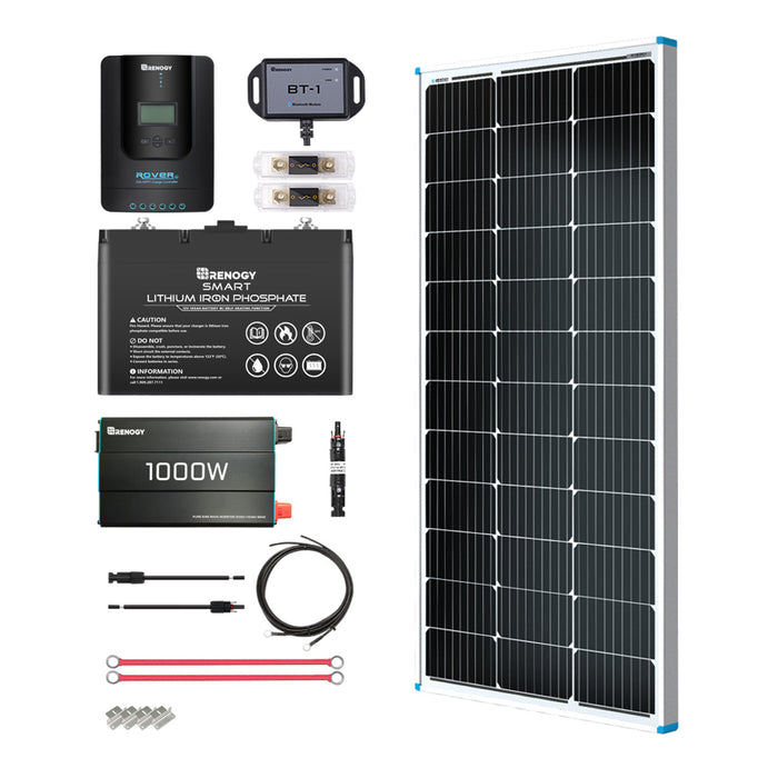 Buy Renogy 100W 12V General Off-Grid Solar Kit W/ 1*100W Rigid Panels (Customizable) (Rover 20A MPPT W/ LCD & BT1 Module, 12V 100Ah Self-Heating LiFePO4 Battery W/ BT2 Module And 1000W 12V Pure Sine Wave Inverter)