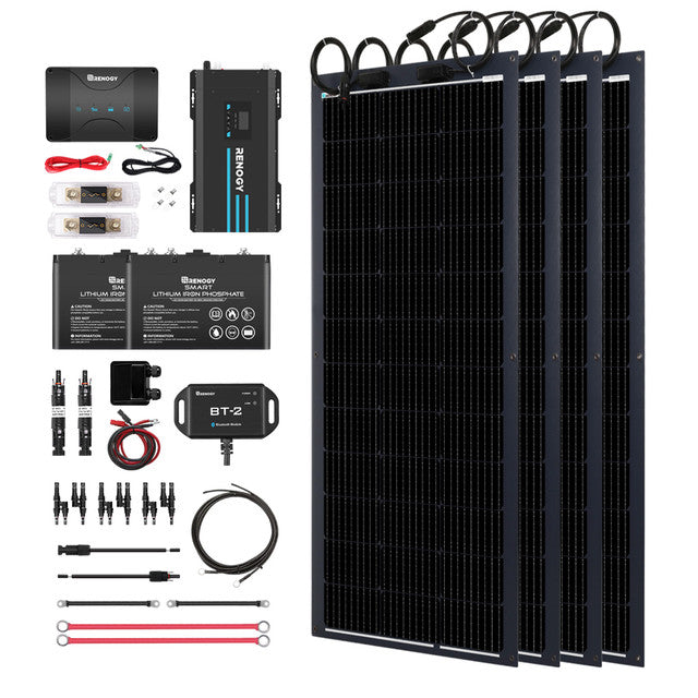 Buy Renogy 400W 12V Solar RV Kit (Customizable) (4*100 12V Semi-Flexible Solar Panel (Black Division), 2*12V 100Ah Self-Heating LiFePO4 Battery W/ BT2 Module And 2000W 12V Pure Sine Wave Inverter)