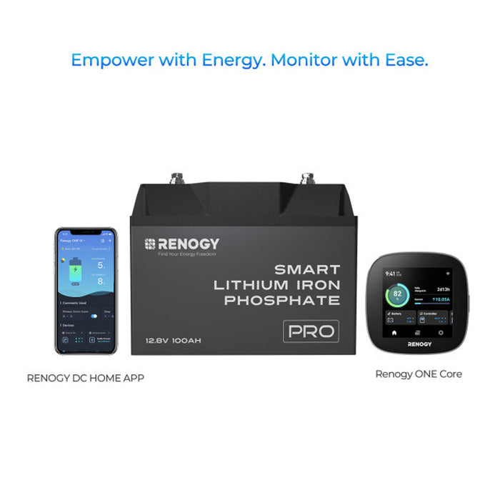 Buy Renogy 12V 100Ah Pro Smart Lithium Iron Phosphate (LiFePO4) Battery w/Bluetooth & Self-heating Function (1pcs + Renogy ONE Core)
