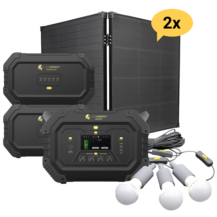 Buy Lion Energy Safari LifFePO4 7,000Wh, 3,000W Portable Power Station/Generator Bundle | Safari + 2x Expansion Pack (2 Solar Panels, 0 EMP Bags And 1 LED Light String)